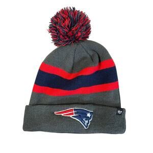 '47 Brand New England Patriots NFL Pom Beanie Hat Gray Navy Red Striped One Size